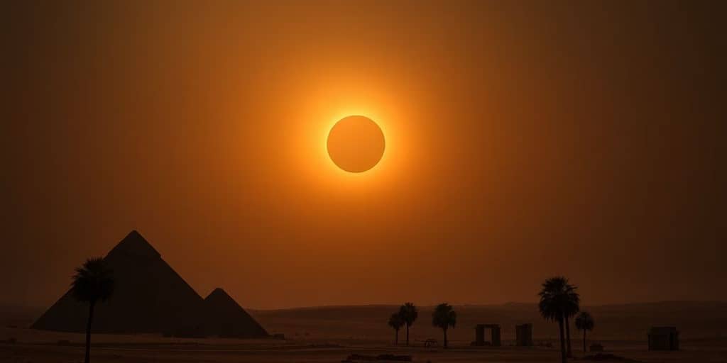 Egyptian desert with pyramids during a solar eclipse.