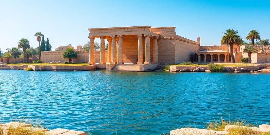 Philae Temple against the Nile with lush greenery.