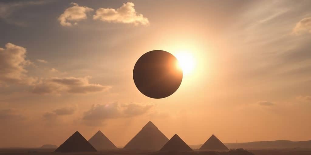 Solar eclipse over Egyptian pyramids against a dramatic sky.