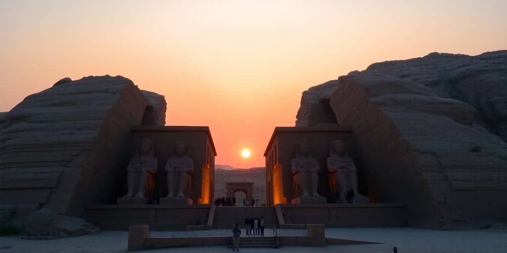 Abu Simbel Temple illuminated by sunset during Sun Festival.