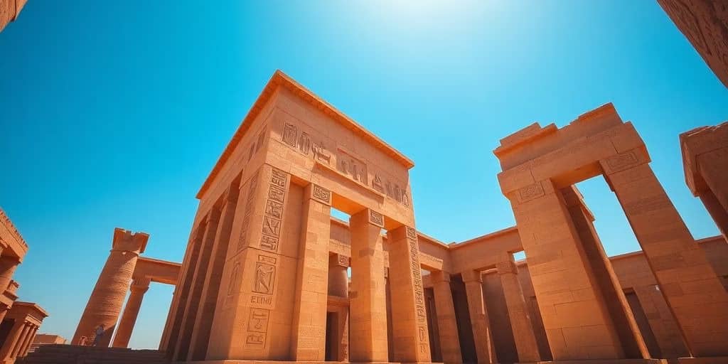 Temple of Edfu with towering walls and blue sky.