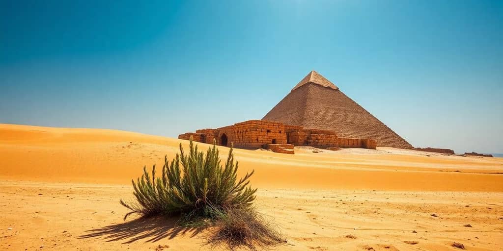 Great Pyramid of Sakkara against a bright blue sky.