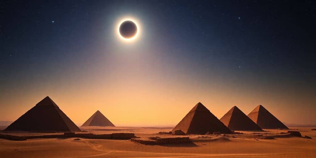 Great Pyramids during a solar eclipse under starry sky.