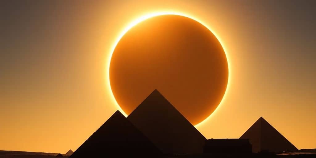 Total solar eclipse over pyramids in Egypt.