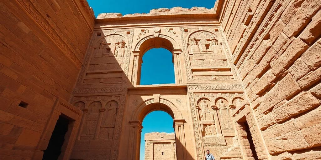 Ancient Egyptian church with detailed stonework and arched doors.