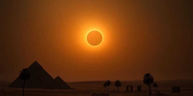 Egyptian desert with pyramids during a solar eclipse.
