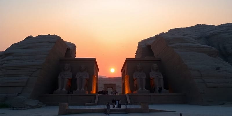 Abu Simbel Temple illuminated by sunset during Sun Festival.